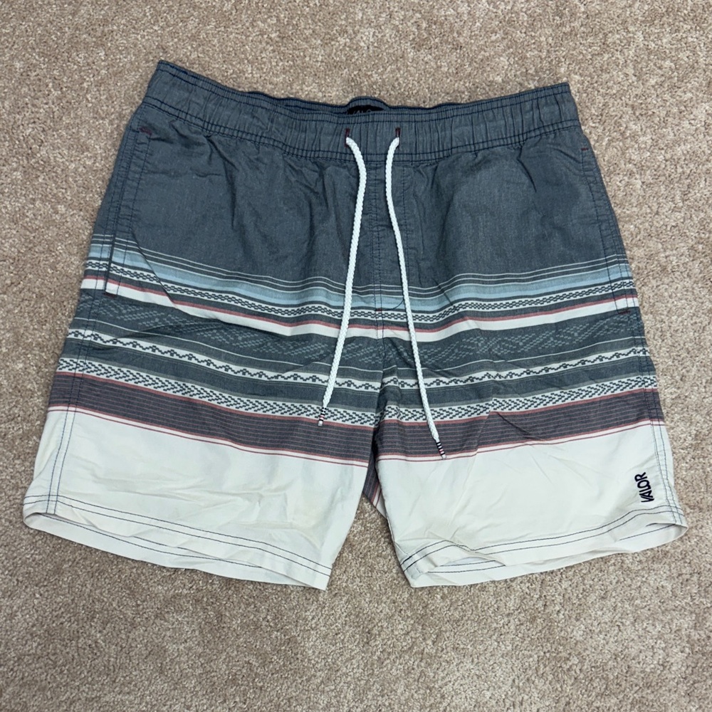 Men's Valor Collective brand Striped Swim Shorts - Gray and Cream, Size: Large